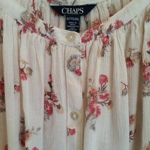 CHAPS 3X FLOWY PUFFY SLEEVE BAND NECK FRONT BUTTON CREAM &PINK FLORAL BLOUSE TOP